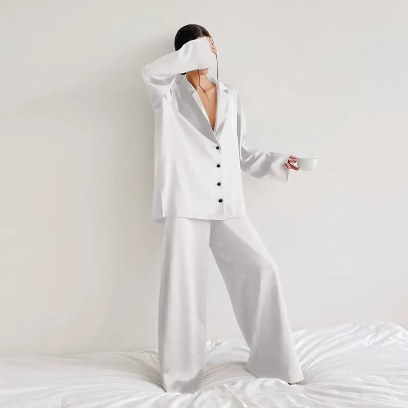Women's Home Silk Pure Color Pajamas - # WOAA21710002-PRG