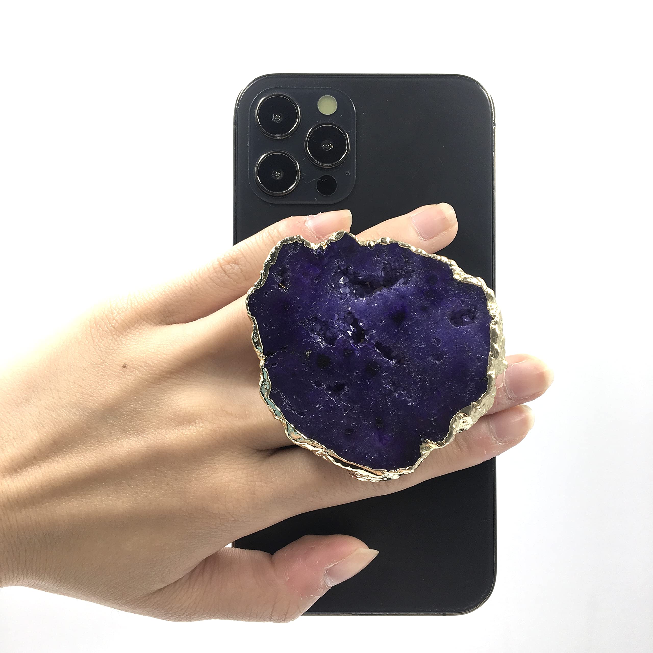 Crystal Phone Grip & Stand Clear Druzy Healing Natural Stone Crystal Phone Accessory (Purple)