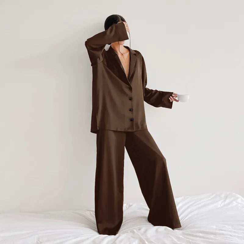 Women's Home Silk Pure Color Pajamas - # WOAA21710002-PRG